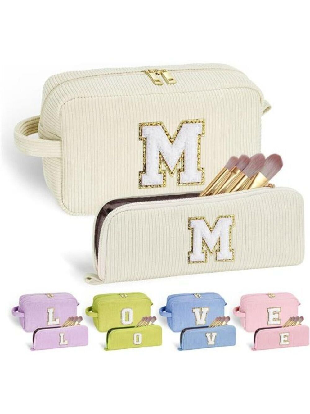 Corduroy Initial Makeup Bag Set Travel Cosmetic Organizer Gift for Teen Girls